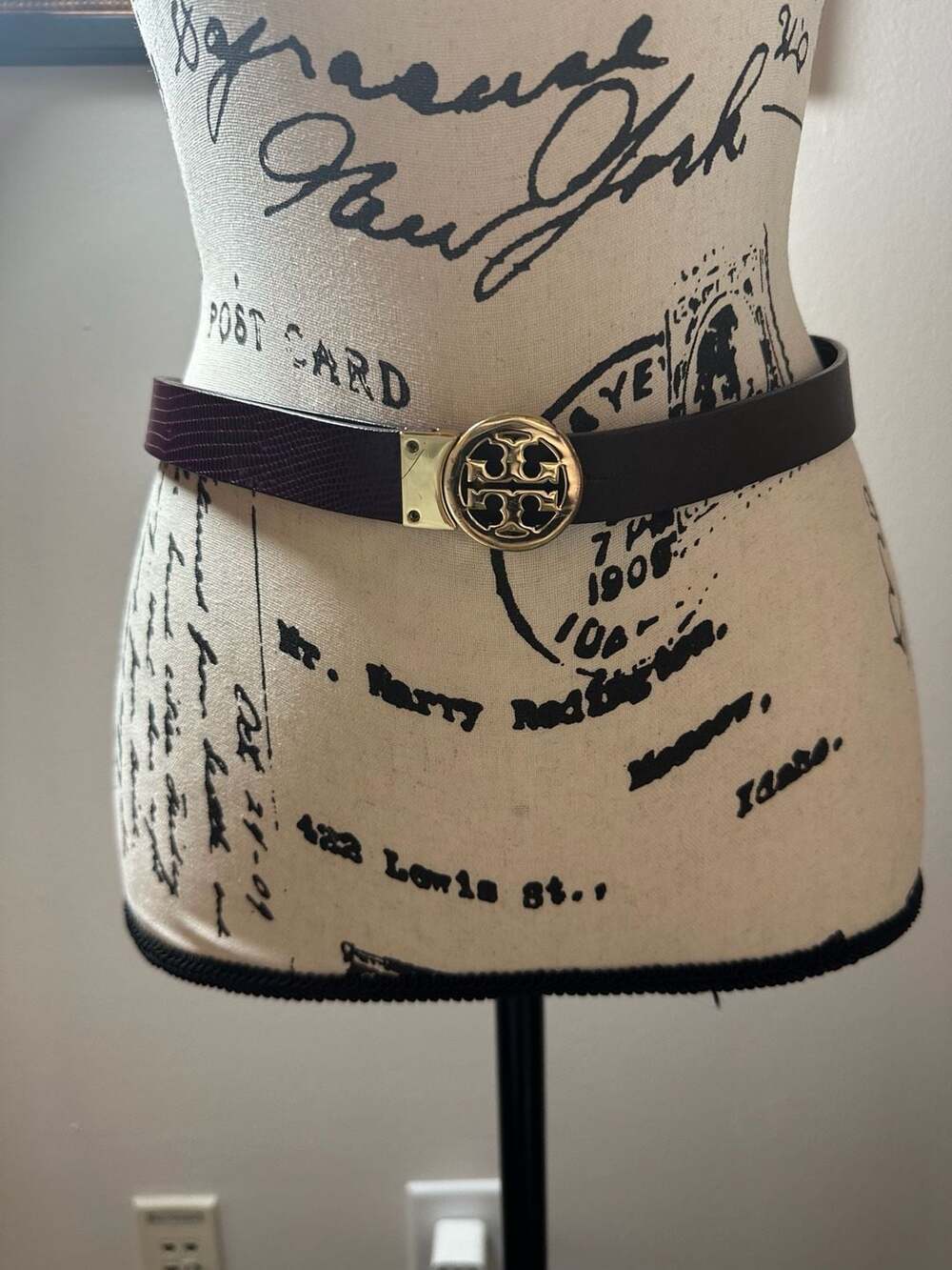 Tory Burch Miller Reversible Leather Belt with Gold Tone Logo Buckle